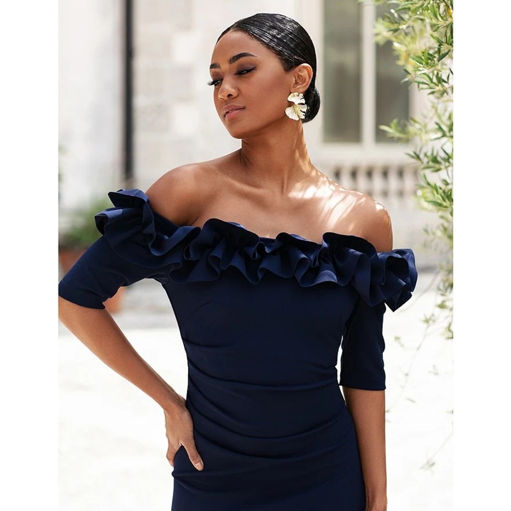 Xscape Navy Blue Ruched Off-Shoulder Gown - Picture 2 of 10